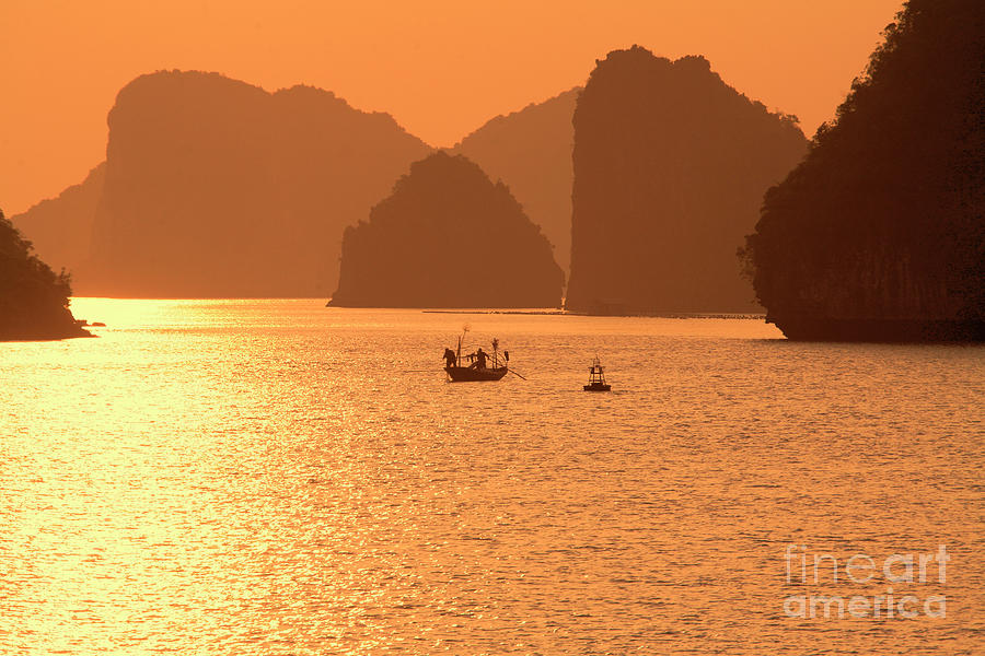 Limestone Shadows Explode Ha Long Bay Sunburst Vietnam  Photograph by Chuck Kuhn
