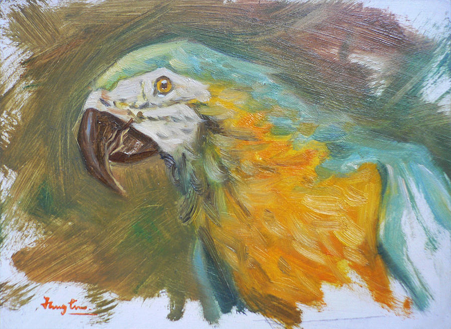 Original Oil Painting Animal Art Bird Parrot On Board#16-01-05-1 Painting by Hongtao Huang
