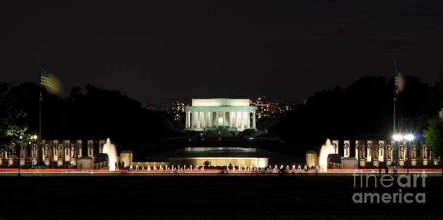 Lincoln and World War II memorial at night. Photograph by Anthony Totah