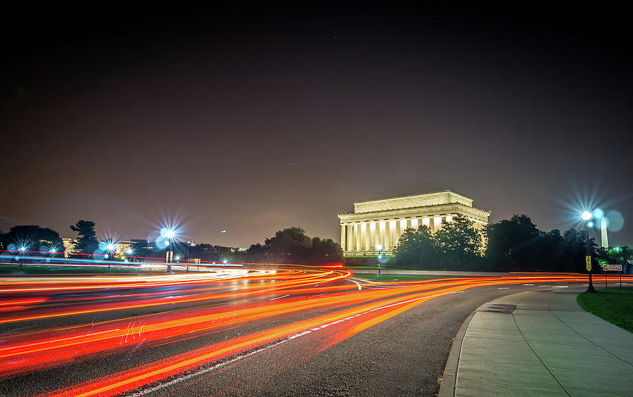Lincoln Memorial Monument With Car Trails At Night Photograph by Alex Grichenko