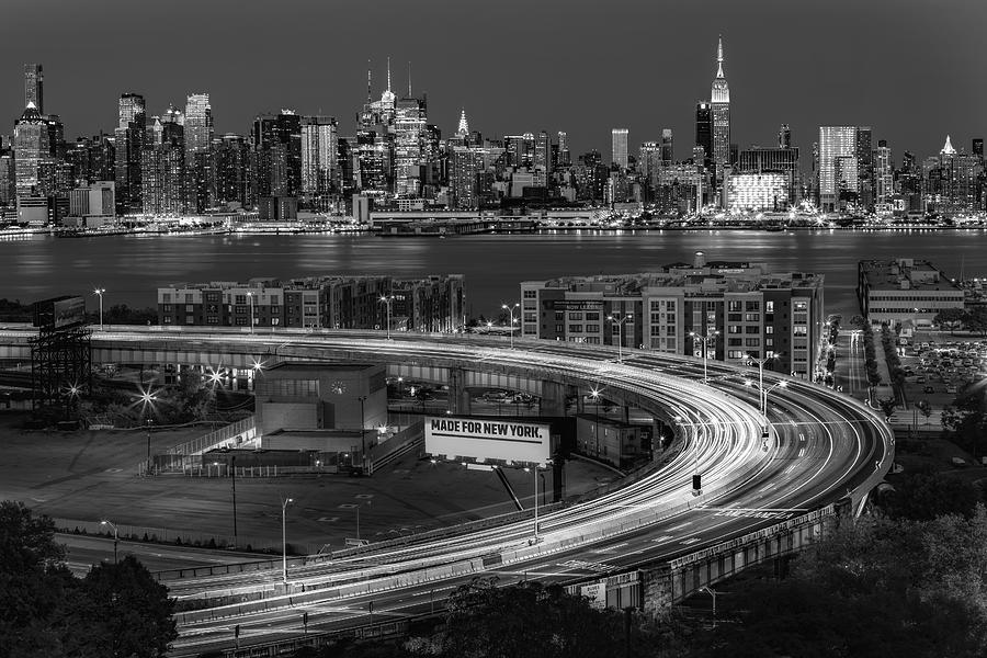 Empire State Building Photograph - Lincoln Tunnel Helix and NYC Skyline BW by Susan Candelario