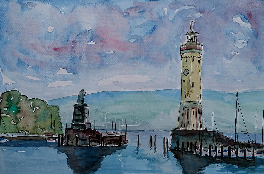 Lindau Painting - Lindau Lake Constance Harbour Entrance with Lighthouse and Lion by M Bleichner