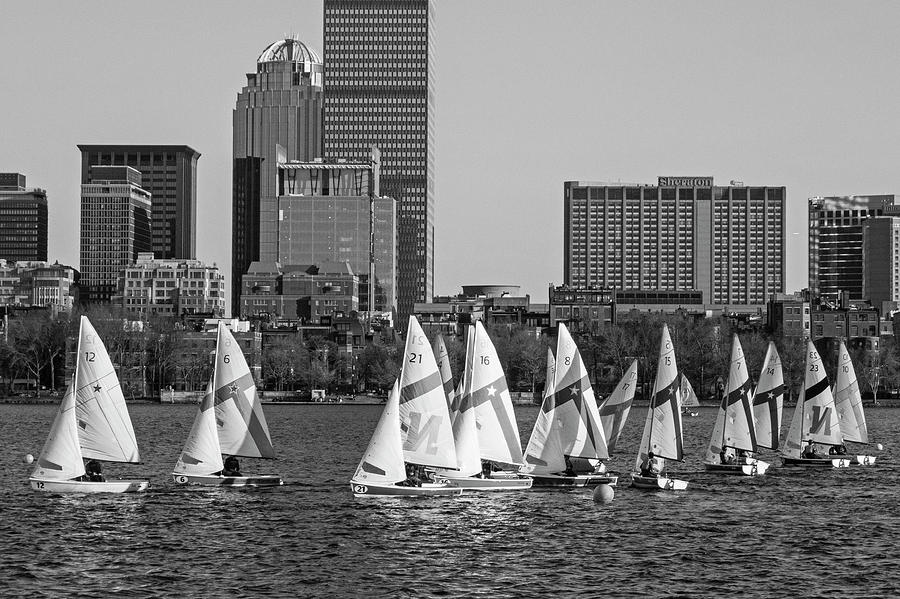 Line of Boats on the Charles River Boston MA Black and White Photograph by Toby McGuire