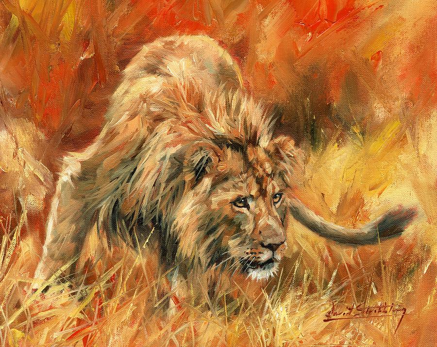 Lion Alert Painting by David Stribbling