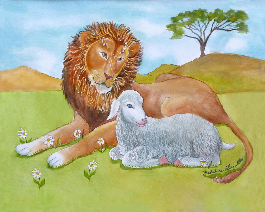 Lion and Lamb with Daises Painting by Madeline  Lovallo