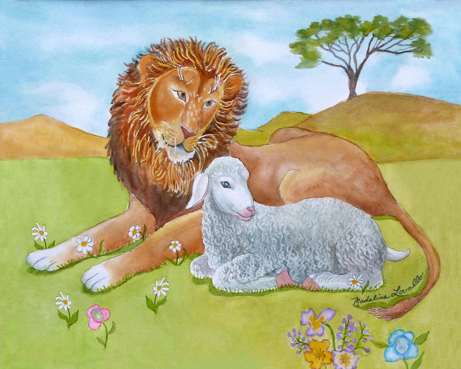 Lion and Lamb with Flowers Painting by Madeline  Lovallo