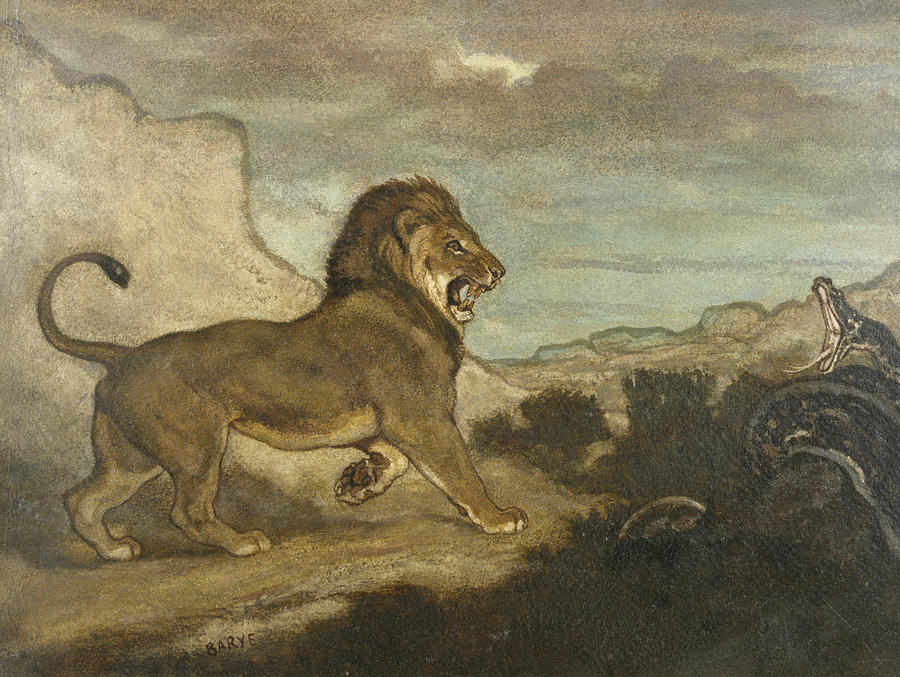 Lion and Python Drawing by Antoine-Louis Barye