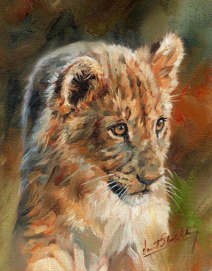Lion Cub Portrait Painting by David Stribbling