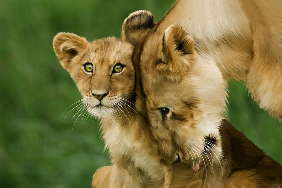 Lion Digital Art - Lion Cub with mother by Julie L Hoddinott
