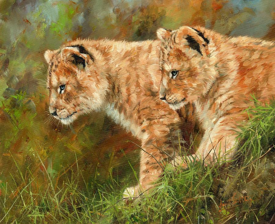 Lion Cubs Painting by David Stribbling