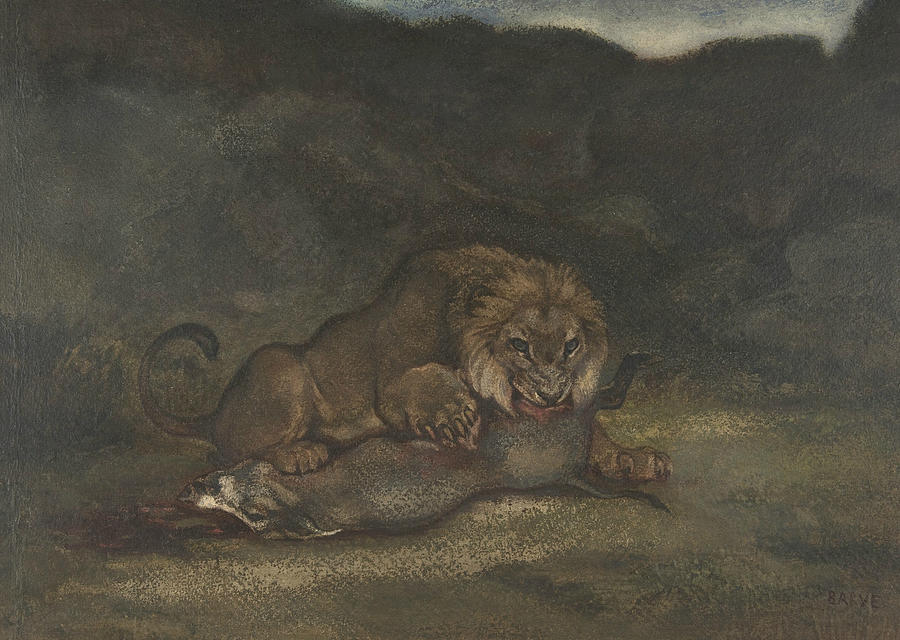 Lion Devouring Prey Drawing by Antoine-Louis Barye
