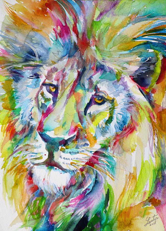 LION FACE - watercolor portrait Painting by Fabrizio Cassetta