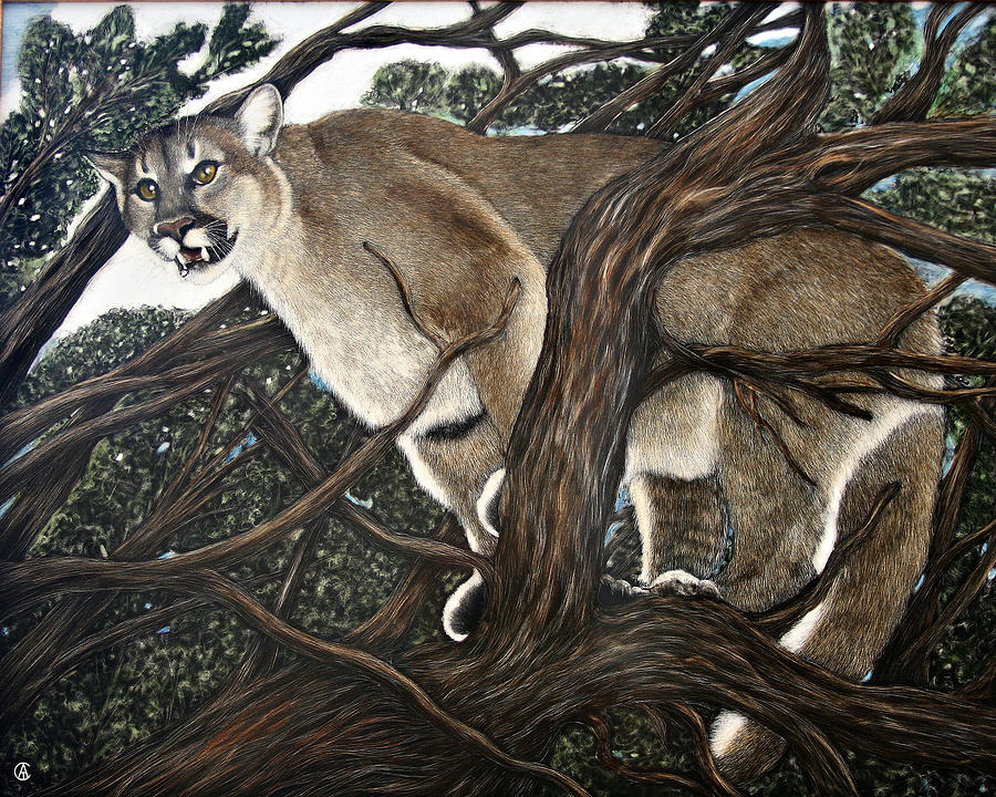 Lion in the tree Painting by Angie Cockle