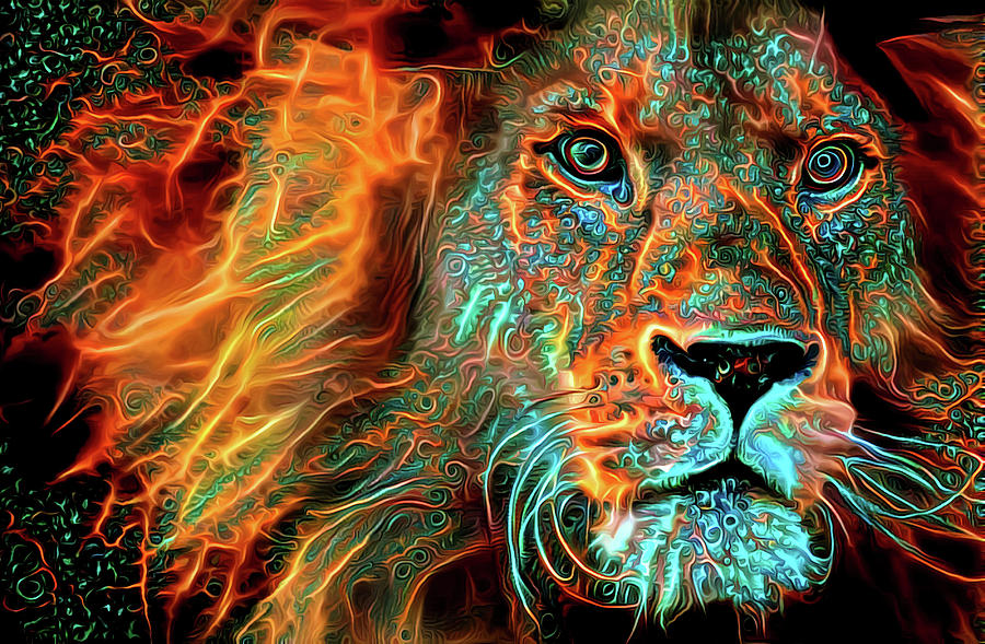 Lion orange and aqua Fractal Energy Digital Art by Matthias Hauser