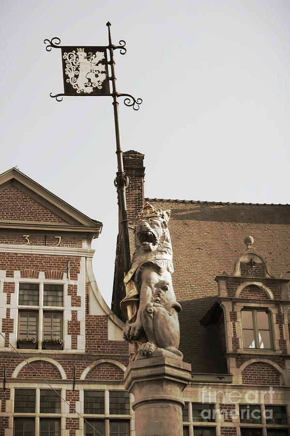 Lion Statue in Ghent Belgium in Sepia Photograph by Carol Groenen
