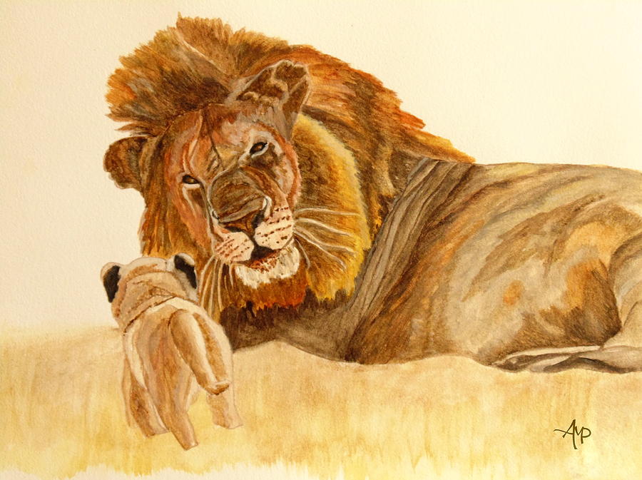 Lion Watercolor Painting by Angeles M Pomata