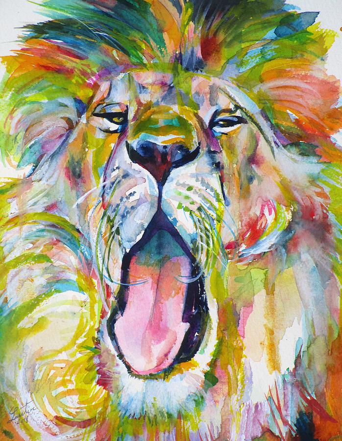 LION YAWNING - watercolor portrait Painting by Fabrizio Cassetta