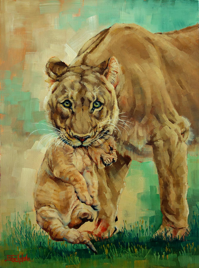 Lioness And Cub Painting by Margaret Stockdale