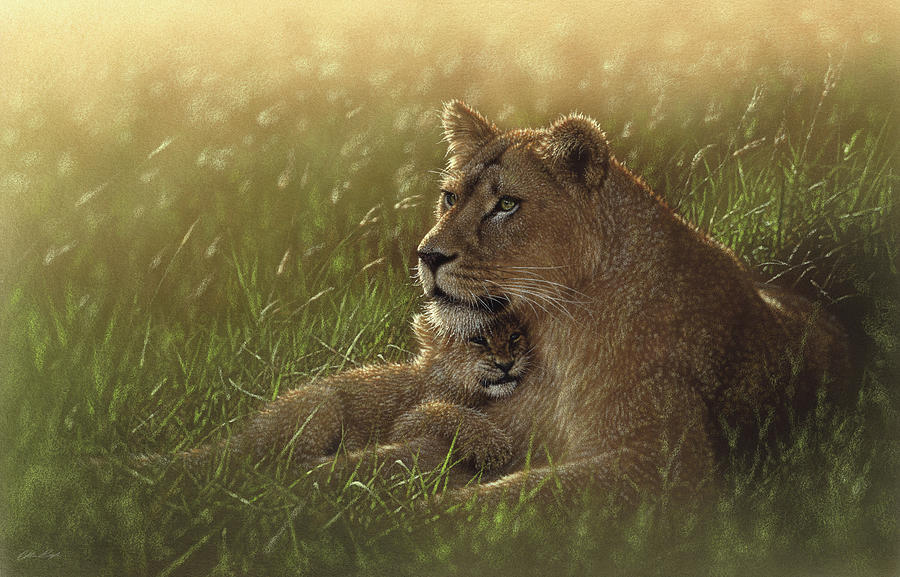 Lion Painting - Lioness and Cub - Safe Haven by Collin Bogle