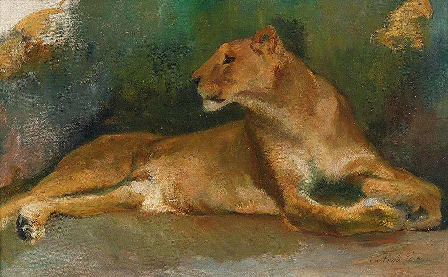 Lioness at Rest Painting by Geza Vastagh