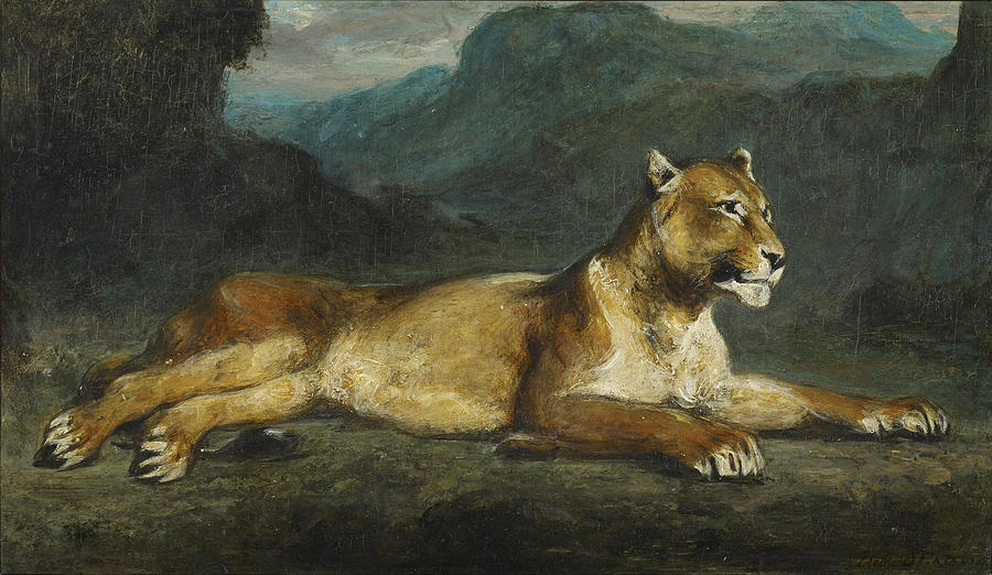 Lioness Reclining Painting by Eugene Delacroix