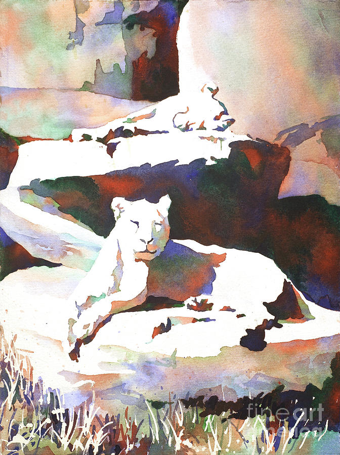 Lionesses at zoo Painting by Ryan Fox