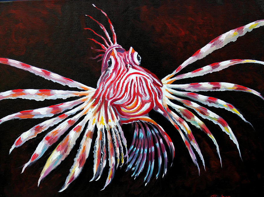 Lion fish Red Painting by Pechez Sepehri