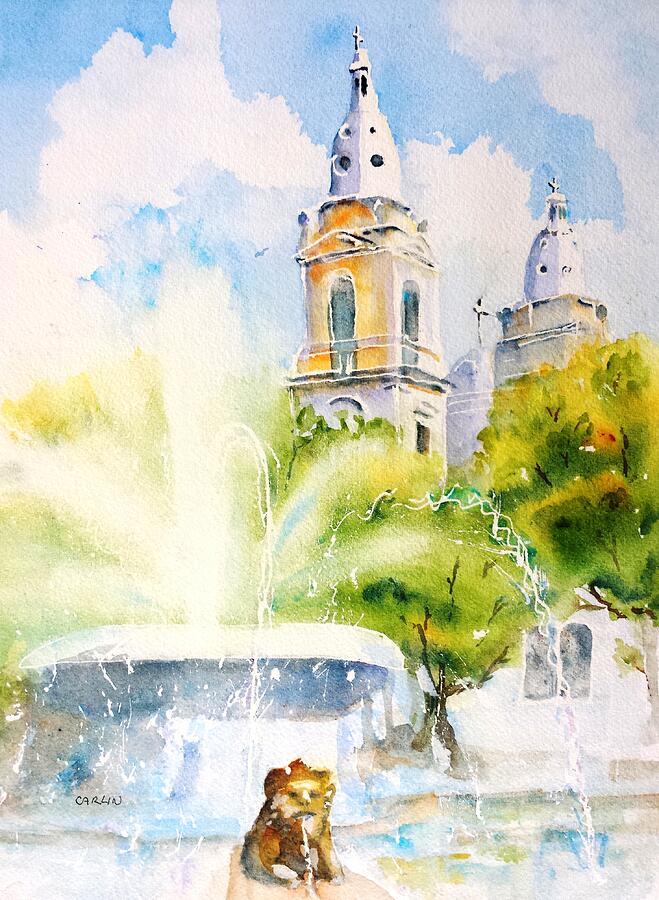 Lions Fountain Plaza Las Delicias  Ponce Cathedral Puerto Rico Painting by Carlin Blahnik CarlinArtWatercolor