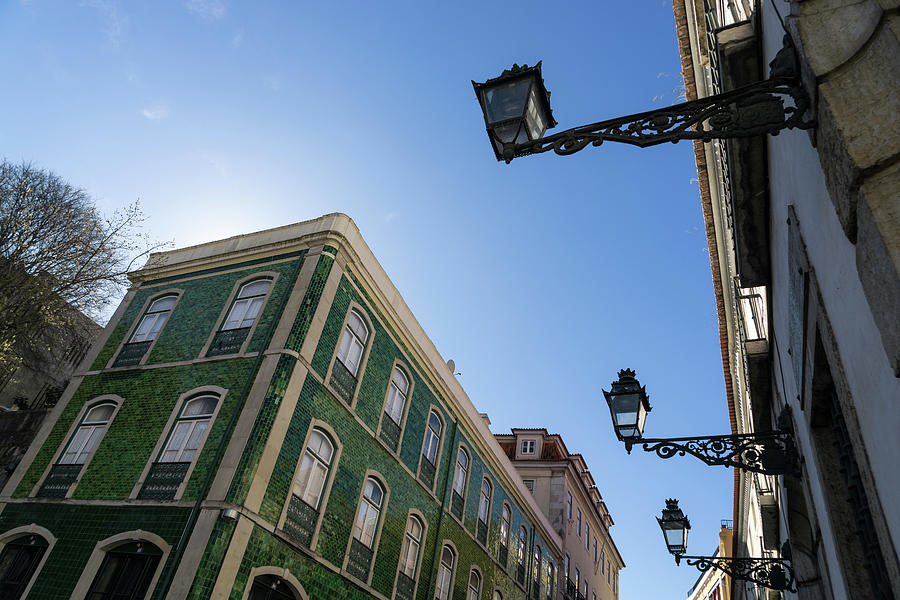 Lisbon Architecture - Iridescent Azulejo Tiles and Antique Lanterns Photograph by Georgia Mizuleva