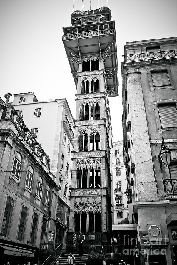 Lisbon - Portugal - Elevador de Santa Justa - Black and White Photograph by Carlos Alkmin