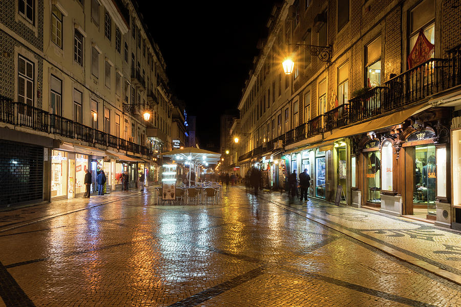 Lisbon Portugal Night Magic - Nighttime Shopping in Baixa Pombalina Photograph by Georgia Mizuleva