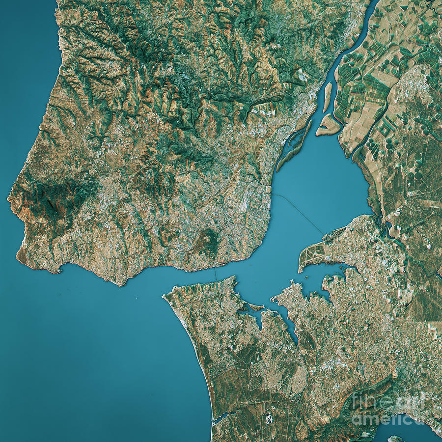 City Digital Art - Lisbon Topographic Map Natural Color Top View by Frank Ramspott