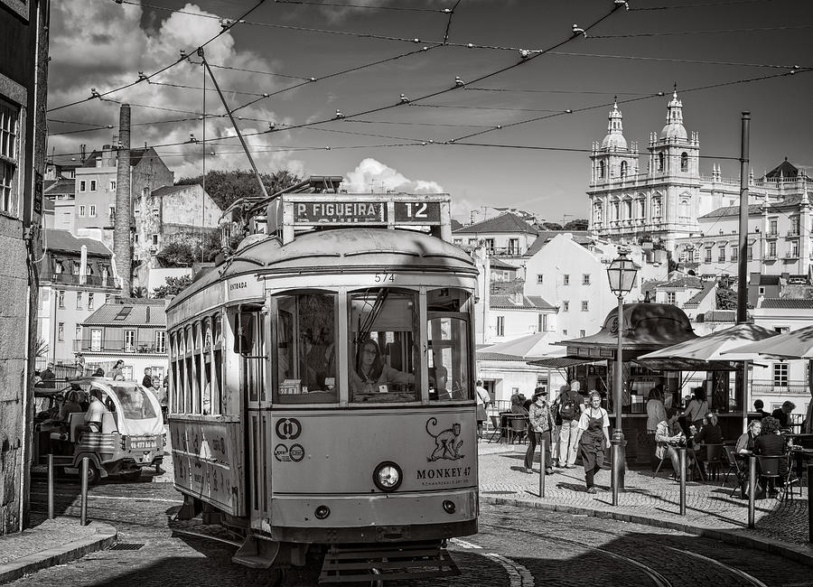 Vintage Photograph - Lisbon Tram BW by Joan Carroll