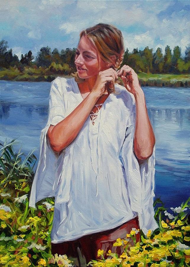 Painting listening. Женщина у реки курит. Women by the River.