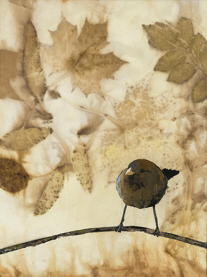 Little Bird On Silk With Leaves Painting by Carolyn Doe