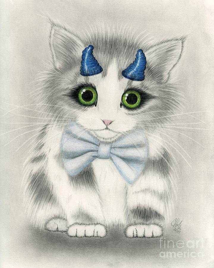 Little Blue Horns - Devil Kitten Drawing by Carrie Hawks