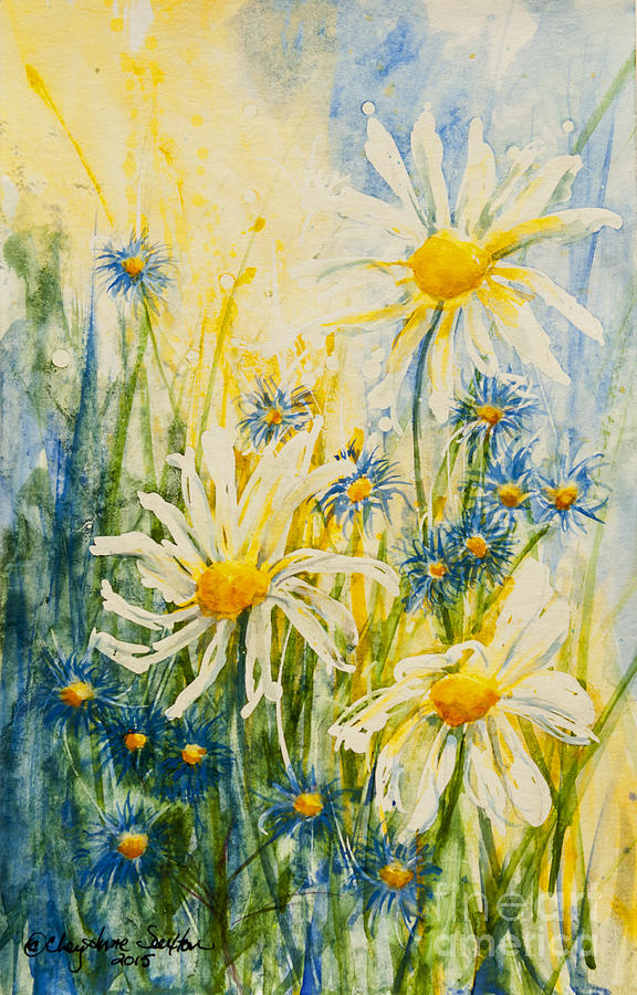 Little Blues With Fresh White Daisies Watercolour Painting