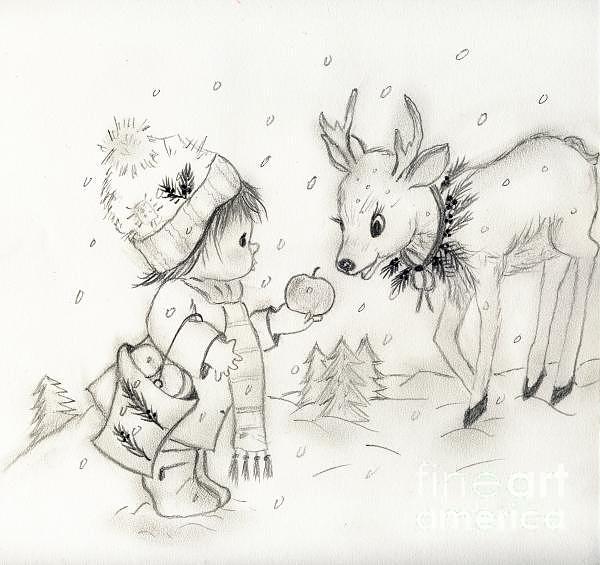 Little Boy and Reindeer Drawing by Sonya Chalmers