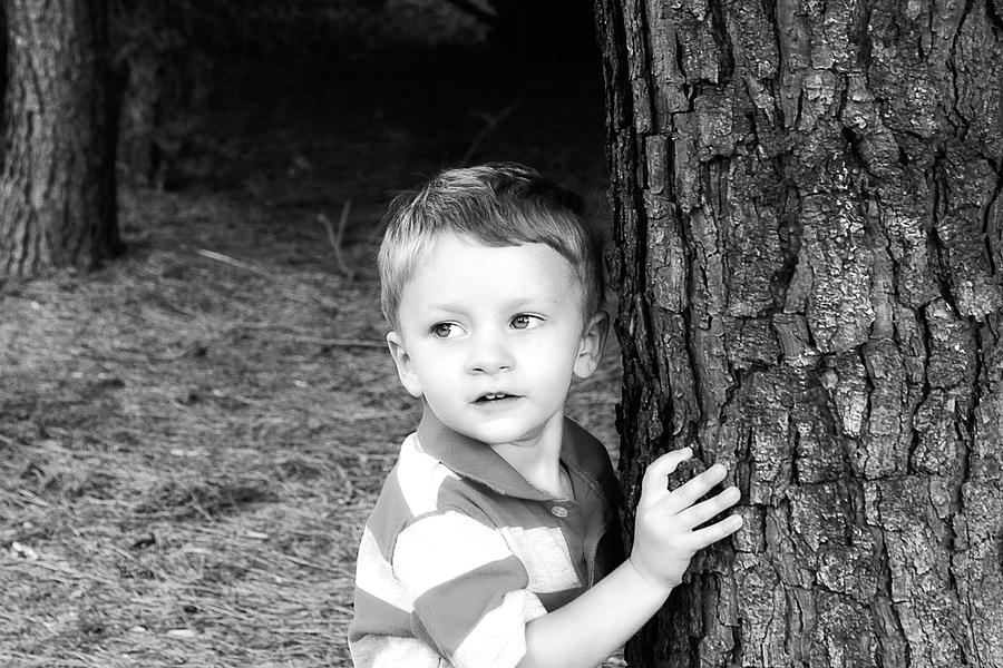 Little Boy by the Tree in Black and White Photograph by Trina Ansel