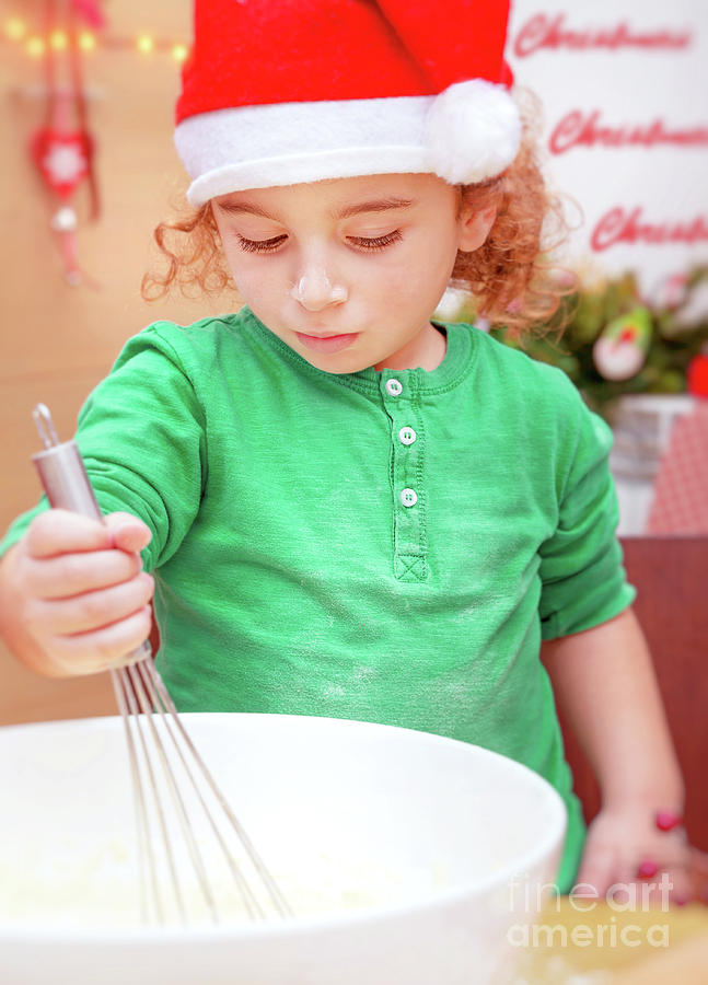 Cake Photograph - Little boy making Christmas cookies by Anna Om