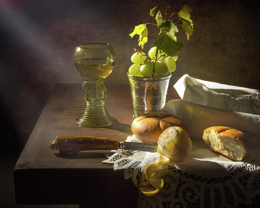 Still Life Photograph - Little Breakfast with bread - grapes -peeled lemon by Levin Rodriguez