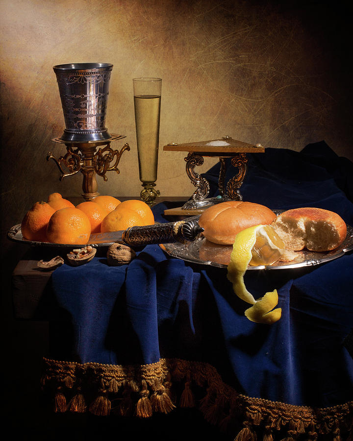 Little Breakfast with oranges-bread-salt cellar and silver cup Photograph by Levin Rodriguez
