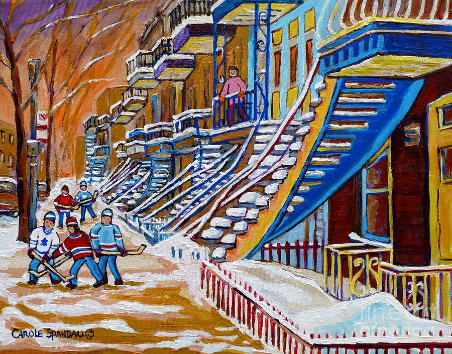 Little Canadian Boys Play Street Hockey Near Winding Yellow Staircase Montreal Winter Scene Art Painting by Carole Spandau