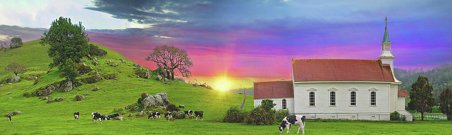 Cow Photograph - Little Country Church Sunset Panorama by Lynn Bauer