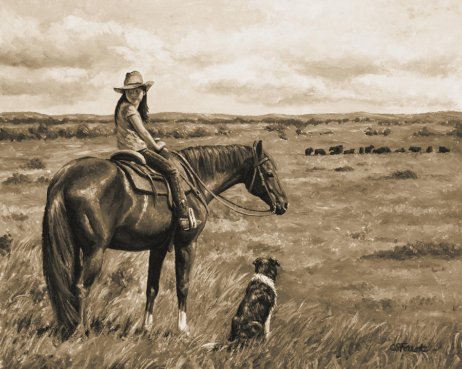 Horse Painting - Little Cowgirl on Cattle Horse in Sepia by Crista Forest