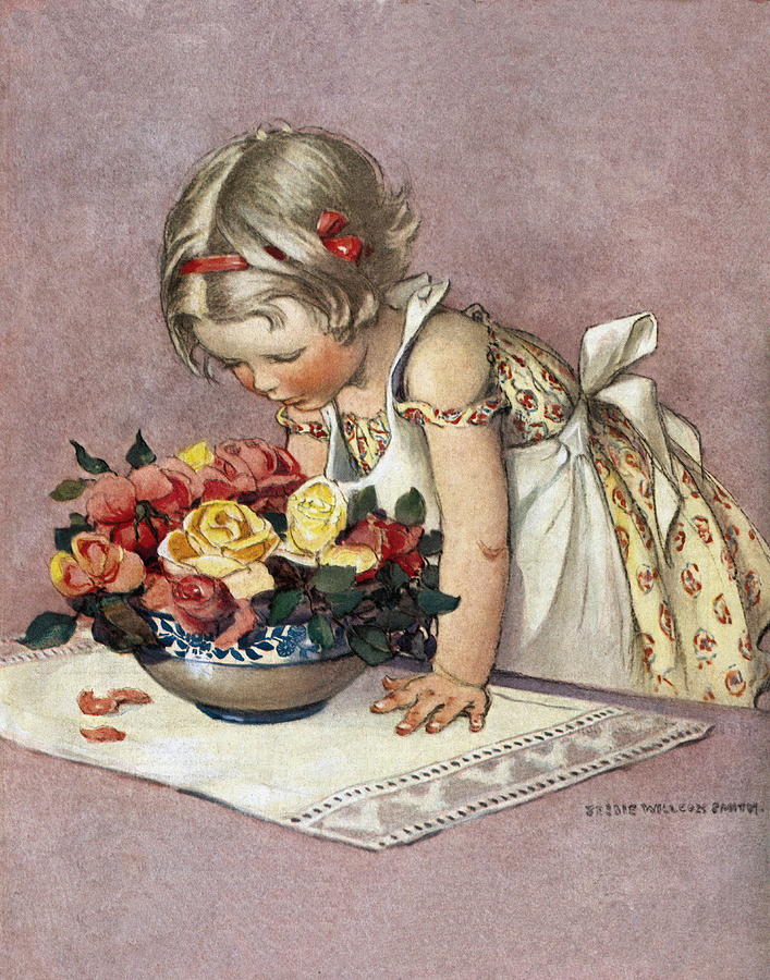 Rose Painting - Little Girl Admiring A Bowl Of Roses by Jessie Willcox Smith