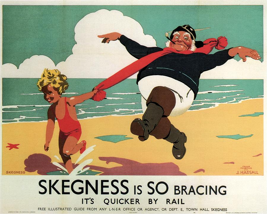 Little Girl and Old man Playing on the beach in Skegness, Lincolnshire - Vintage Advertising Poster Painting by Studio Grafiikka