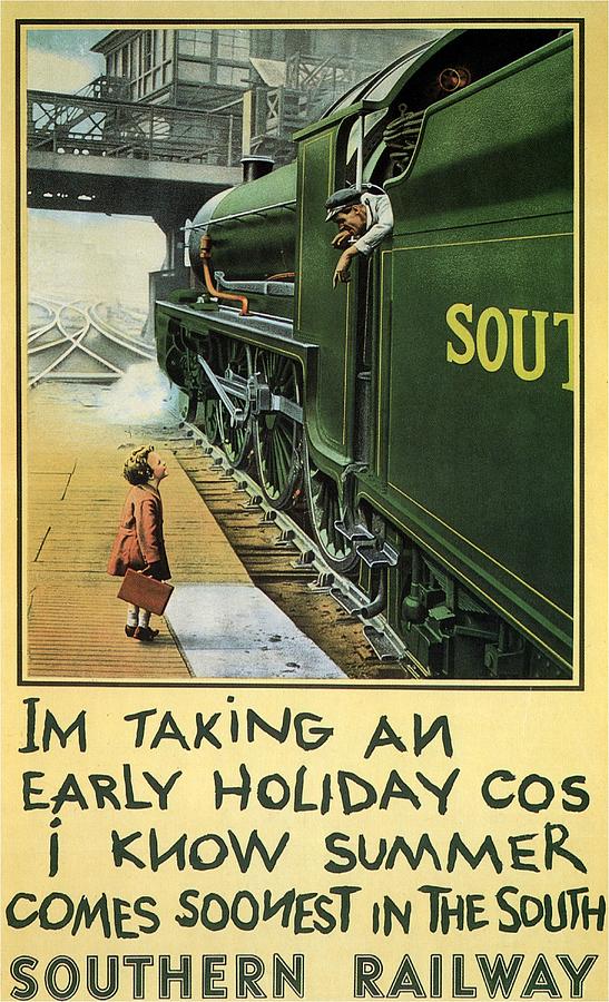 Vintage Painting - Little Girl boarding a Train - Vintage Steam Locomotive -  Advertising Poster for Southern Railway by Studio Grafiikka