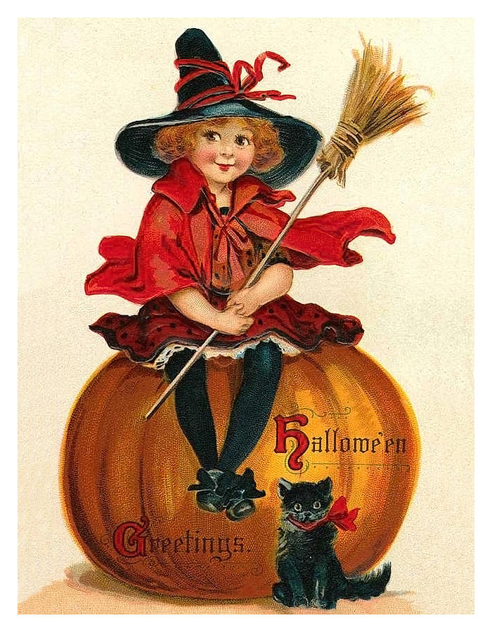 Holiday Mixed Media - Little girl witch sitting on a big pumpkin by Long Shot