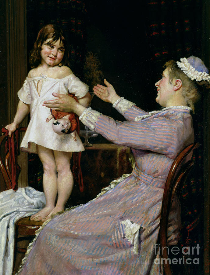 Doll Painting - Little Girl with a Doll and Her Nurse by Christian Pram Henningsen